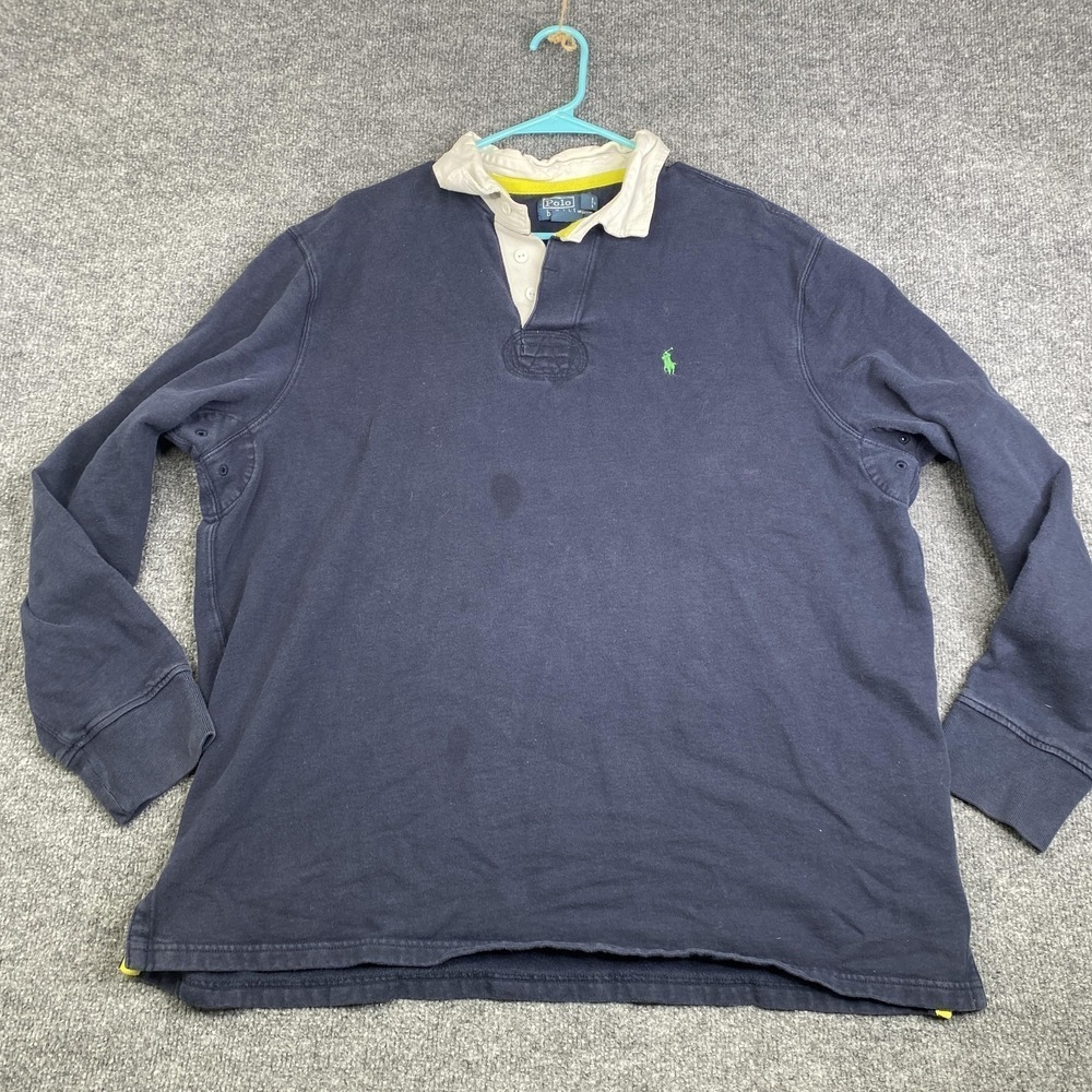 Polo Ralph Lauren Rugby Shirt Mens 2XL Blue Long Sleeve Green Pony VTG